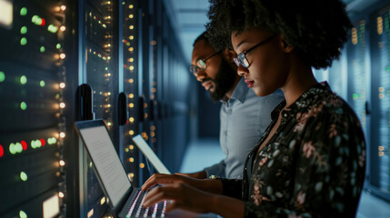 black woman and man using a laptop while working in a server room