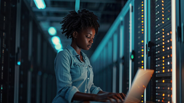 a young black woman using a laptop while working in a server room