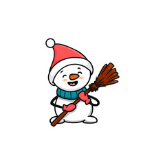 cute cartoon snowman in a hat and scarf with a broom. Doodle style. Christmas illustration. 