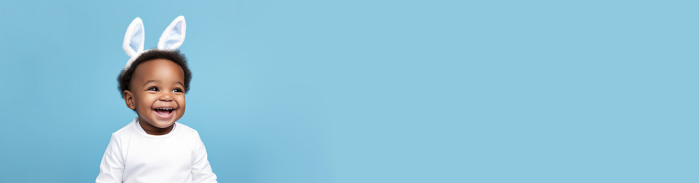 Happy smiling young teengaer boy horizontal banner of African American with cute bunny rabbit ears on studio bright blue background. Empty space place for text, copy paste horizontal banner
