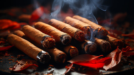 Cuban cigars with leaves on a black stone table. Top view. Free space for your text. - obrazy, fototapety, plakaty