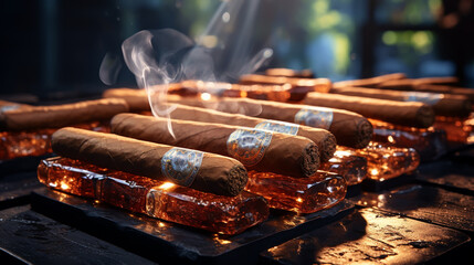 Cuban cigars with leaves on a black stone table. Top view. Free space for your text. - obrazy, fototapety, plakaty