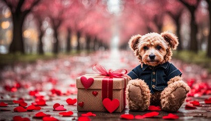 Valentine's Day-themed,, My furry friend is sitting by the special gift, looking adorable as always. generative Ai