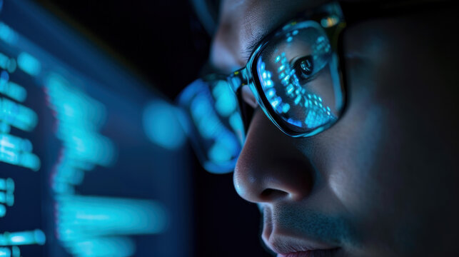 Asian programmer man and reflection in glasses focus and programming for cyber security