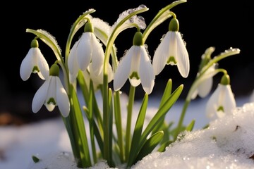 Obraz premium A group of snowdrops in the snow. Early spring flowers, snowdrops.