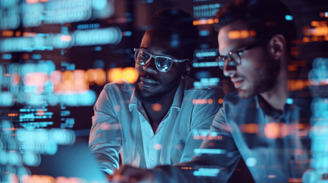 two handsome businessman working in the office superimposed over multiple lines of computer code