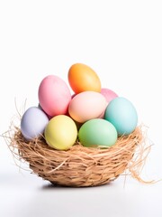 Easter colored eggs in a nest on white background.