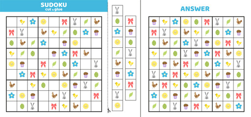 Big spring sudoku with nine spring objects. Game puzzle for kids. Cut and glue. Cartoon