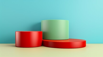 Elegant 3D Rendering of Three Empty Blue Cylinder Podiums Floating with Red Background – Modern Showcase for Product Presentation and Display