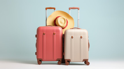 New suitcases, bag and hat packed for journey on white background - obrazy, fototapety, plakaty