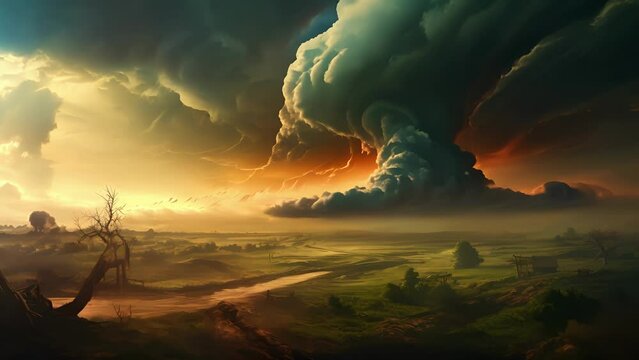 Natures wrath was unleashed upon the tranquil farm, as a colossal twister tore through the heart of the peaceful countryside.