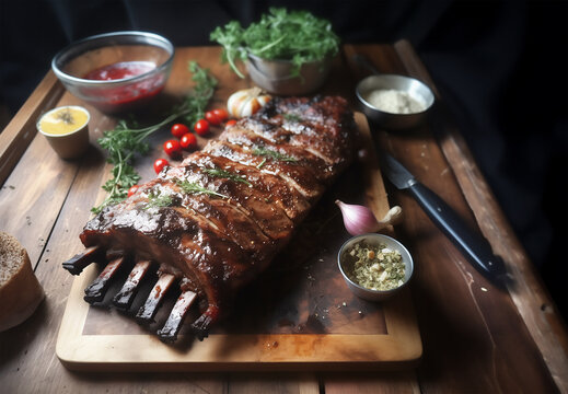 Delicious BBQ ribs on wooden table with garlic butter
