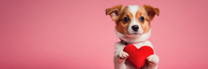 Adorable Puppy Holds Red Heart In Its Paws - Sweet Pet Love. A cute puppy holds a red heart in its tiny paws, showcasing an expression of love and affection.