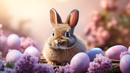 Naklejka na ściany i meble Cute Easter bunny with eggs and lilac flowers on light background