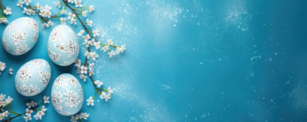 Frame with blue easter eggs and white cherry blossoms on bright blue background. Happy Easter concept. Simple spring template, greeting card, banner. Top view, flat lay with copy space