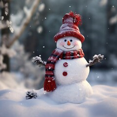 Snowman with a carrot nose, black hat, red scarf, coal buttons and stick arms standing outside on a winters day. Concept of winter, snow and childhood.