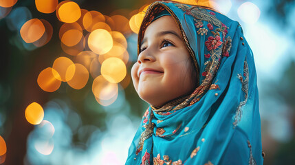 Portrait of a smiling Islamic girl enjoying wearing new blue holiday headscarf. Ramadan, eid, child happy girl in new clothes. - obrazy, fototapety, plakaty