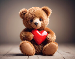 Obraz premium Brown Teddy Bear Holding Red Heart - Gift Of Love for Someone Special. An adorable brown teddy bear grasping a red heart-shaped symbol of love and affection.