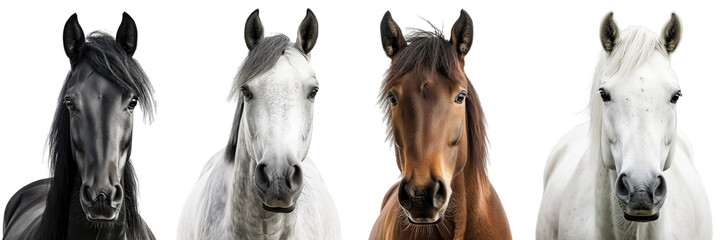 Horse portrait collection in different colours (black, grey, brown, white) isolated on a transparent background, animal bundle © Flowal93