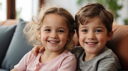 A smiling boy hugs his sister while sitting on the couch at home