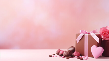 Dark chocolate, milk chocolate white chocolate in heart shape lay on pink background. minimal style