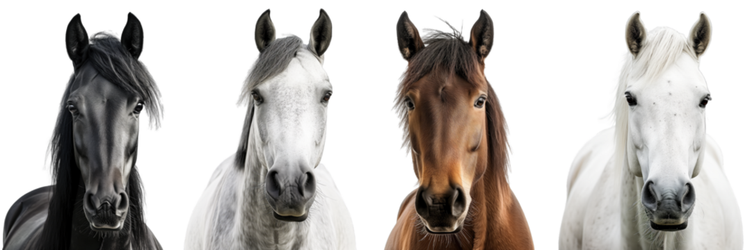 Horse portrait collection in different colours (black, grey, brown, white) isolated on a transparent background, animal bundle
