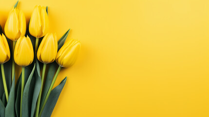 yellow tulips on a color background, top view, spring bouquet
