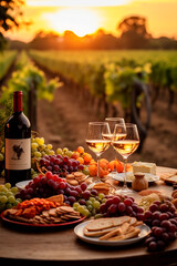 Wine cheese picnic at the vineyard. Selective focus.