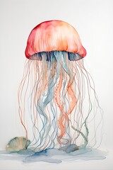 watercolor, soft pastel palette, nursery wall mural, very minimalistic one line drawing of a Jellyfish, white wall