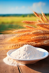 Flour and ears of wheat against the background of a wheat field. Selective focus.