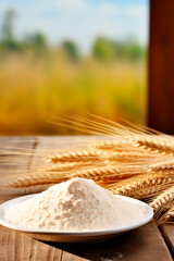 Flour and ears of wheat against the background of a wheat field. Selective focus.