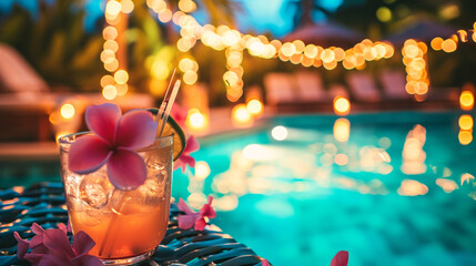 Hawaii mai tai drinks on beach swimming pool bar travel vacation. Pool night party - obrazy, fototapety, plakaty
