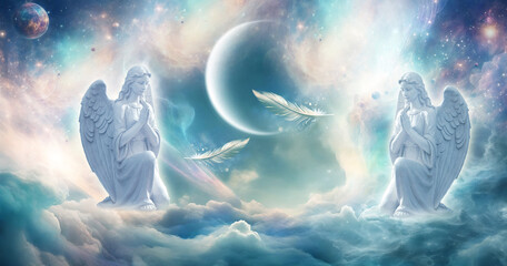 two praying  angels archangels over mystic background with planet and ethereal divine sky and two feathers, illustration with AI elements - obrazy, fototapety, plakaty