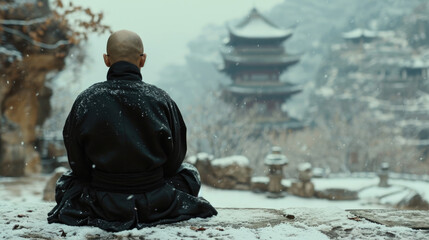 A man in black meditates against a beautiful winter background.