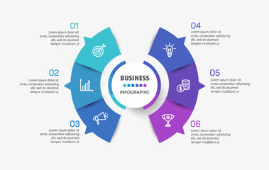 Business infographic vector design template with 6 options, steps or processes. Can be used for workflow layout, diagram, annual report, web design	