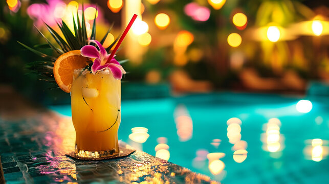 Hawaii mai tai drinks on beach swimming pool bar travel vacation. Pool night party