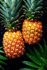 There are a lot of wet pineapple fruits. Selective focus.