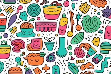  Create a delightful and vibrant atmosphere with a fun and colorful line doodle seamless pattern background, Generative AI