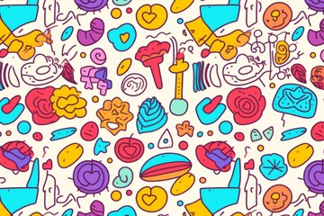  Create a delightful and vibrant atmosphere with a fun and colorful line doodle seamless pattern background, Generative AI