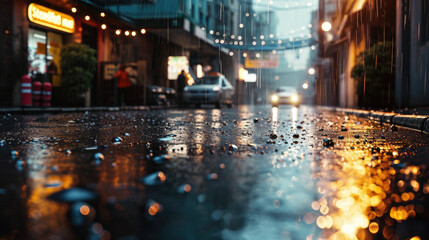 Close-up of an evening city street in the rain. Cars, shops and buildings are blurred in the background.