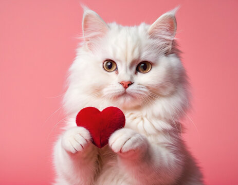A charming cat holds a vibrant red heart in its small paws, showcasing an endearing image perfect for expressing love and affection.