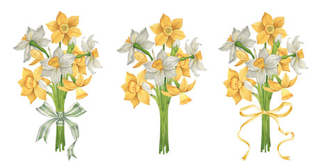 Collection of watercolor bouquets with daffodils. Watercolor botanical illustration. Wedding spring bouquets