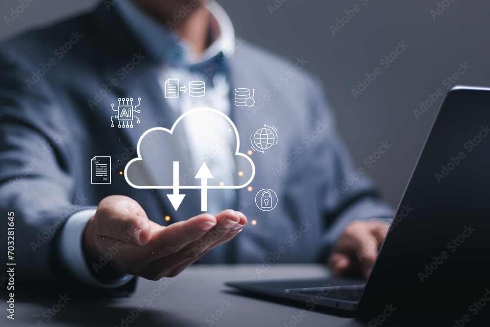 Poster cloud tech concept. businessman use laptop with cloud storage network technology icon, large network