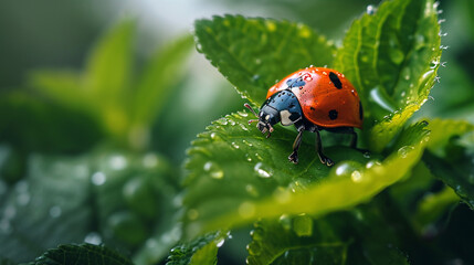 Obraz premium Ladybug in the green grass. Macro bugs and insects world.