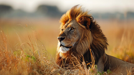 African lion, portrait, African shroud, Big Five of Africa, beautiful nature of Africa. Wild animals.