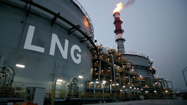 A vast industrial complex with a massive LNG storage tank designed for holding liquified natural gas at low temperatures, showcasing modern energy infrastructure.