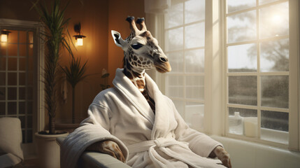 Giraffe in a bathrobe relaxes in the spa.