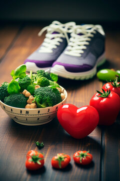Proper food and sports shoes. Selective focus.