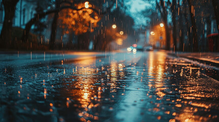 Blurred background of an evening city street in the rain with glare.