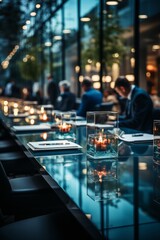 Obraz premium Corporate boardroom with glass walls, providing a blurred perspective of a strategic meeting, Generative AI